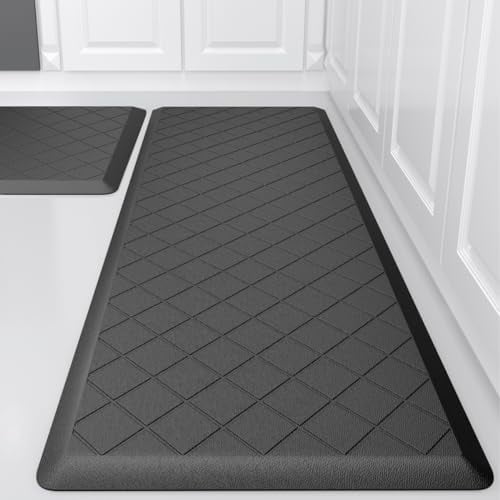 Cushioned Kitchen Mat 2 PCS, Anti Fatigue Kitchen Rugs, Heavy Duty Kitchen Rugs and Mats Non-Skid, Ergonomic Comfort Foam Kitchen Floor Mat for Home, Office, Sink, Laundry - Black