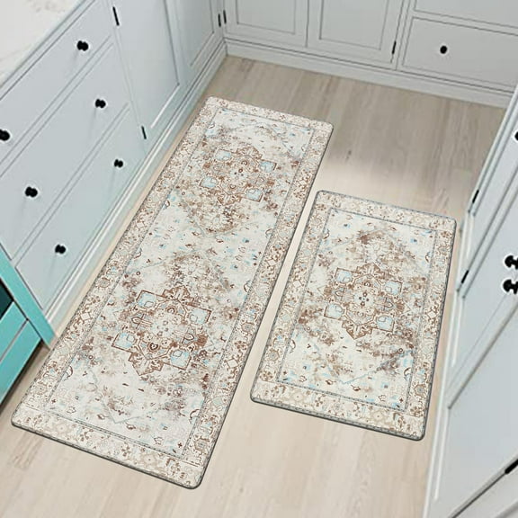 Cushioned Kitchen Rugs and Mats Set of 2, Anti Fatigue Kitchen Mats for Floor, Boho Farmhouse Kitchen Floor Mats, PVC Heavy Duty Comfort Standing Mat for Kitchen Laundry Office, 17”x28”+17”x47”