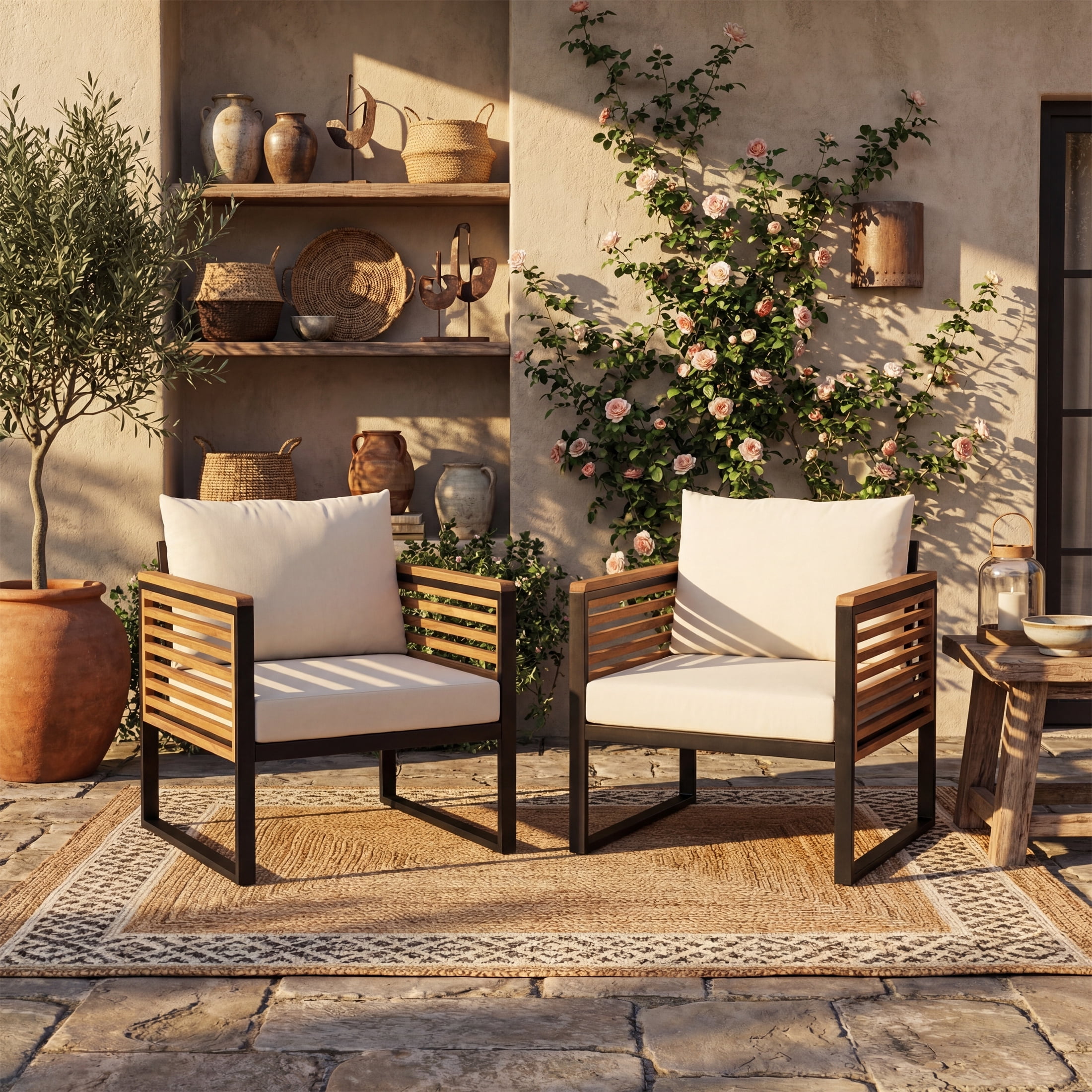 Cushioned Patio Chairs Set of 2, Outdoor Acacia Wood and Metal Seating Chairs for Garden, Black and Beige
