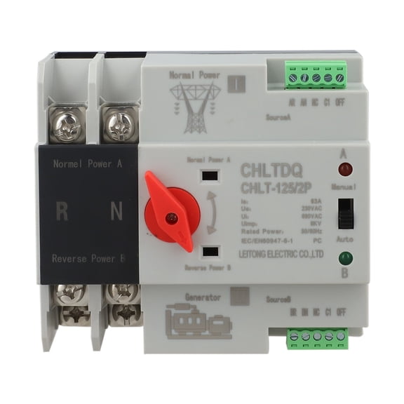 Cushteg 2P Automatic Transfer Switch 230VAC 63A Dual Power Uninterrupted Transfer Switch for PZ30 Distribution Boxes, Manual/Automatic Mode, 50/60Hz, 30ms Conversion Time, Track-Mounted