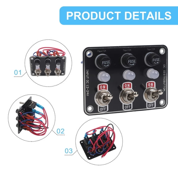 Cushteg 3-Gang Metal Rocker Switch Panel With LED Indicators And IP66-Rated Circuit Breaker Fuse Box For 12V-24V Car, Marine & Boat Applications