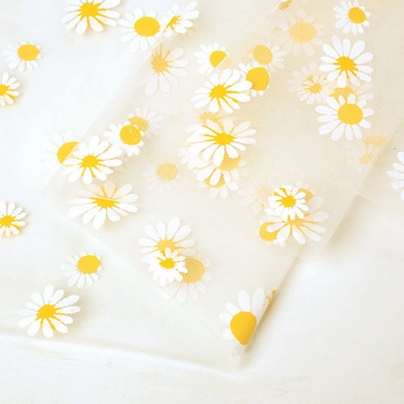 Cushteg Floral Embroidery Lace Fabric, Daisy Pattern Tulle Mesh for Wedding Dress Making and Home Decor, 150cm x 91cm Polyester Material