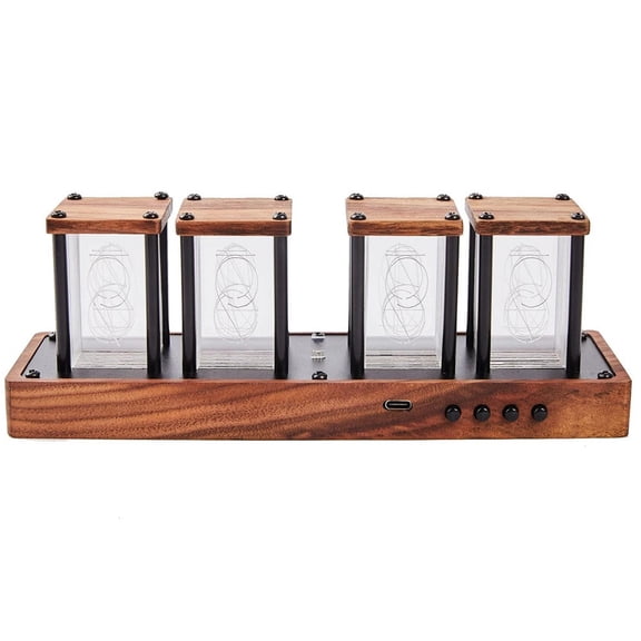 Cushteg Glow Tube Clock Kit 4-Digit Or 6-Digit Desktop Digital Clock With Walnut Wood Frame, Acrylic & ABS Housing, Adjustable Brightness & 16M Color Display(4 tube)