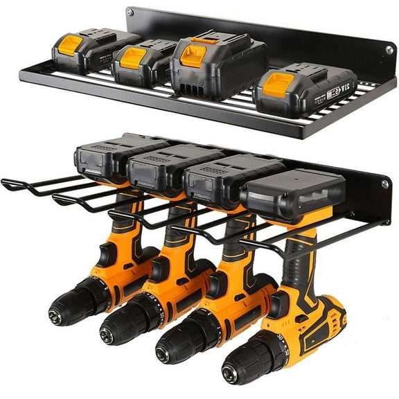 Cushteg Power Tool Organizer Wall Mount Drill Holder for 4 Power Drills, 2-Tier Steels Rack with Mesh Anti-Drop Design for Garage, Workshop & DIY Storage