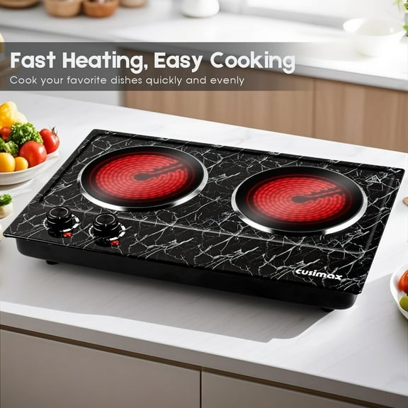 CUSIMAX 1800W Portable Ceramic Double Hot Plate – Dual Infrared Cooktop with Independent Controls, Stainless Steel & Glass Electric Burner for Countertop Cooking