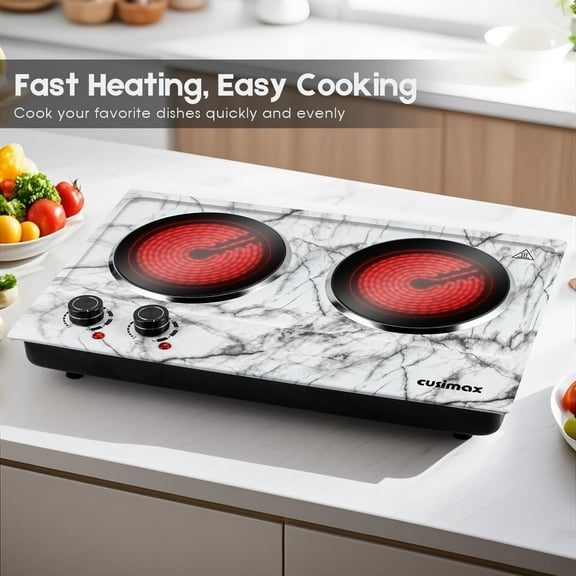 Cusimax 1800W Hot Plate While Marble Ceramic Cooktop Dual Infrared Burner