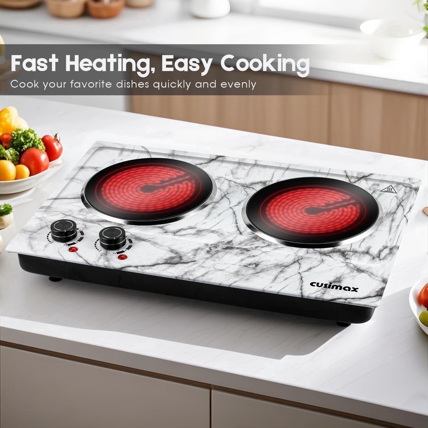 Cusimax 1800W Hot Plate While Marble Ceramic Cooktop Dual Infrared Burner