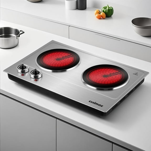 Double Hot Plate, CUSIMAX 1800W Portable Ceramic – Dual Infrared Cooktop with Independent Controls, Stainless Steel & Glass Electric Burner for Countertop Cooking, Upgraded Silver Design