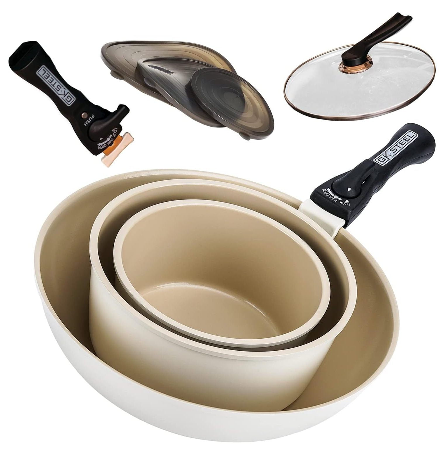 Cusimax Shop Detachable Handle Pots and Pans 3 Piece White Ceramic