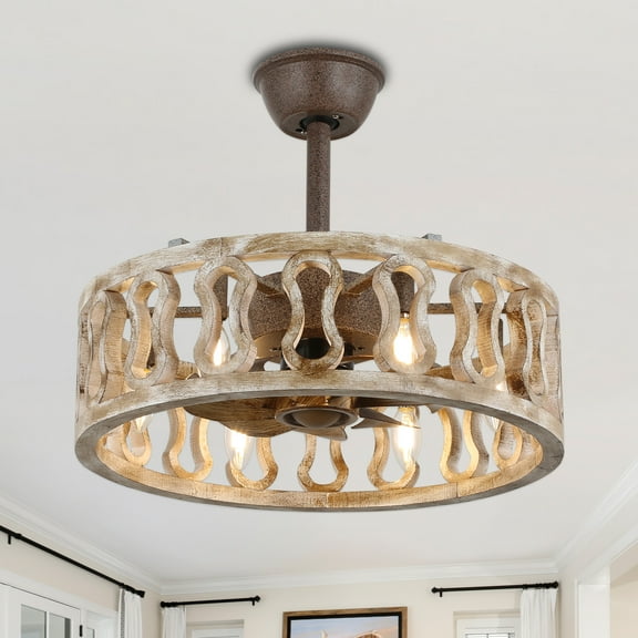 Cusp Barn 18-Inch Antique Wood Farmhouse Caged Ceiling Fan with Lights and Remote, Rustic 6 Speeds Bladeless Fandelier Ceiling Fan