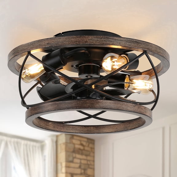 Cusp Barn 18" Black Farmhouse Flush Mount Ceiling Fan with Light,  Low Profile Caged Ceiling Fan with Remote Included