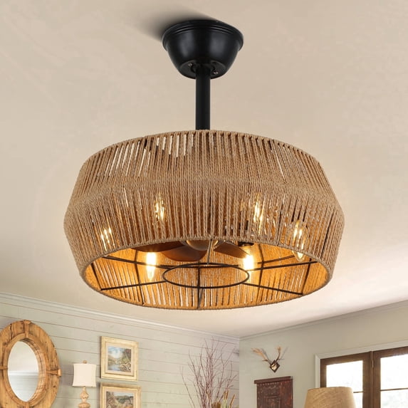 Cusp Barn 18 inch Ceiling Fan with Light Rattan Caged Ceiling Fan with Remote Control, Retro 6-Light Bladeless Fan for Bedroom Living Room