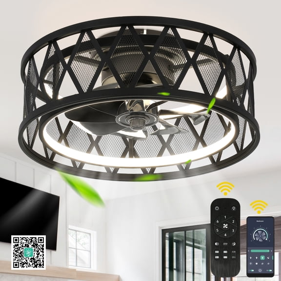 Cusp Barn 19" Black Industrial Flush Mount Ceiling Fan with Dimmable LED Light and Remote & APP Control, 6-Speed DC Motor Low Profile Bladeless Ceiling Fan