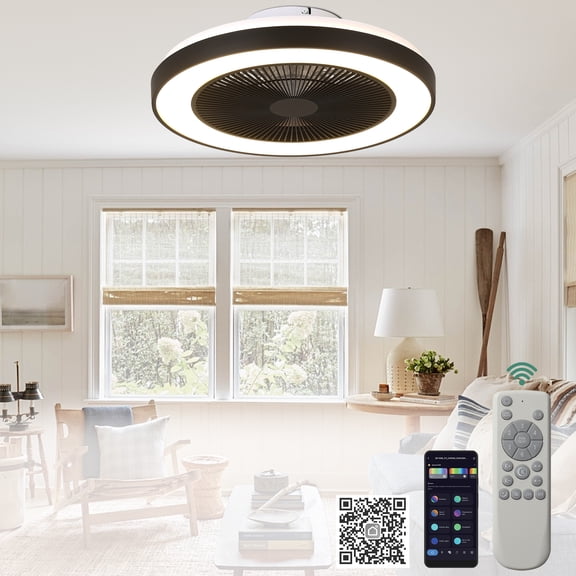 Cusp Barn 19 inch Bladeless Modern Smart Ceiling Fan with Dimmable LED Lights and Remote, 6 Speeds Low Profile Ceiling Fan for Bedroom