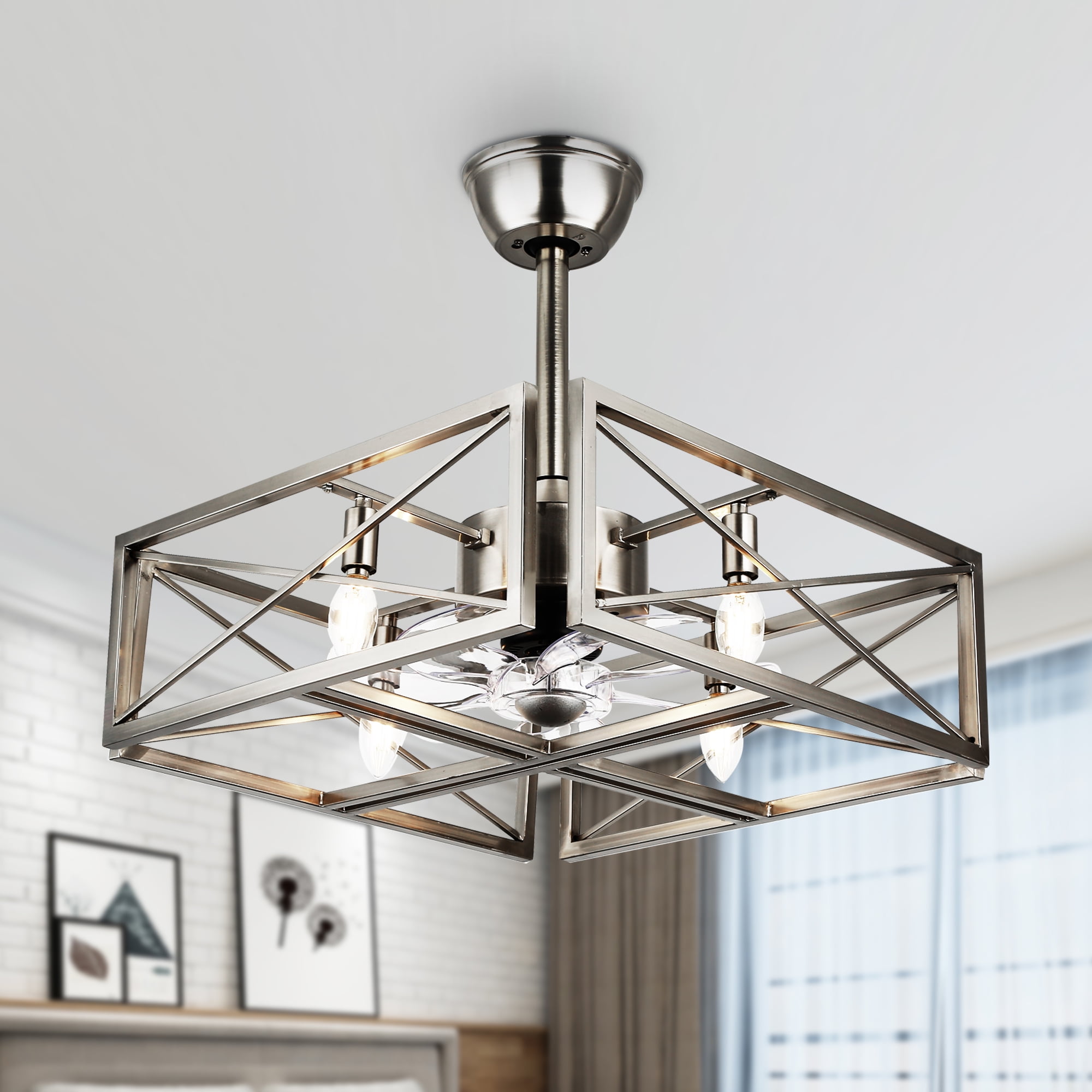 Cusp Barn 20'' Brushed Nickel Ceiling Fan with Lights, Modern Caged Chandelier Flush Mount Ceiling Fan for Bedroom Kitchen