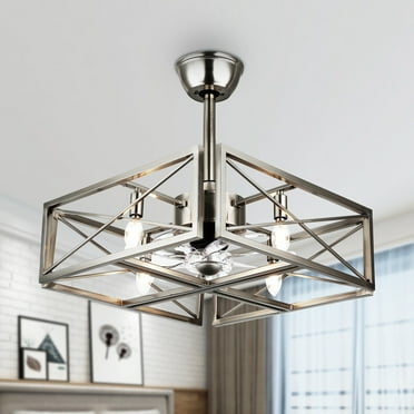 Cusp Barn 20'' Brushed Nickel Ceiling Fan with Lights, Modern Caged Chandelier Flush Mount Ceiling Fan for Bedroom Kitchen