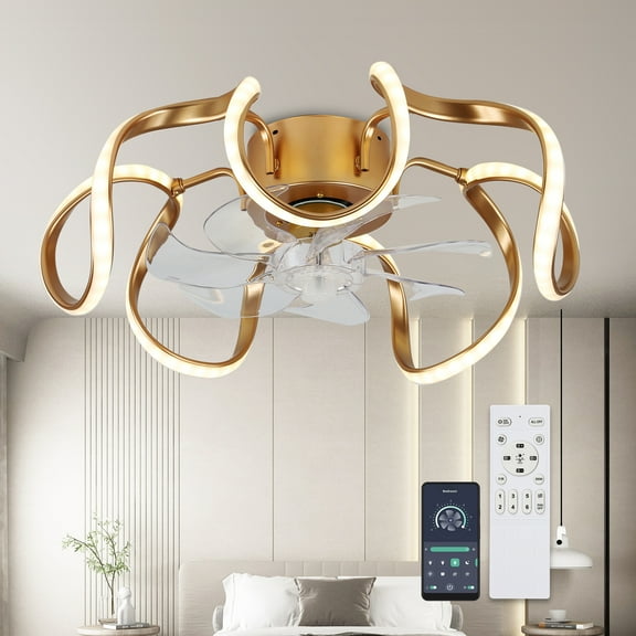 Cusp Barn 20-In Smart Ceiling Fan with Light, 6 Speeds, Timing, French Gold Ceiling Fan with Remote APP Control Modern Low Profile Flush Mount LED Ceiling Light for Bedroom Dining Room