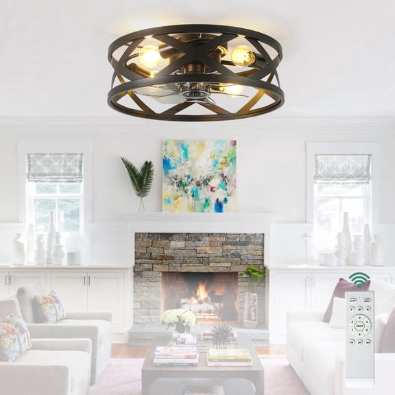 Cusp Barn 20 Inch Industrial Caged Flush Mount Ceiling Fan, 7 Blades 6 Speeds Reversible Bladeless Ceiling Fan for Bedroom