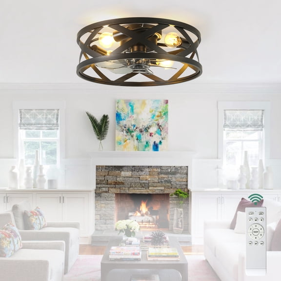 Cusp Barn 20 Inch Industrial Flush Mount Caged Ceiling Fan, 7 Blades,Quiet DC Motor, 6 Speeds, Reversible, 1/2/4H Timer with Remote Control for Bedroom Living Room