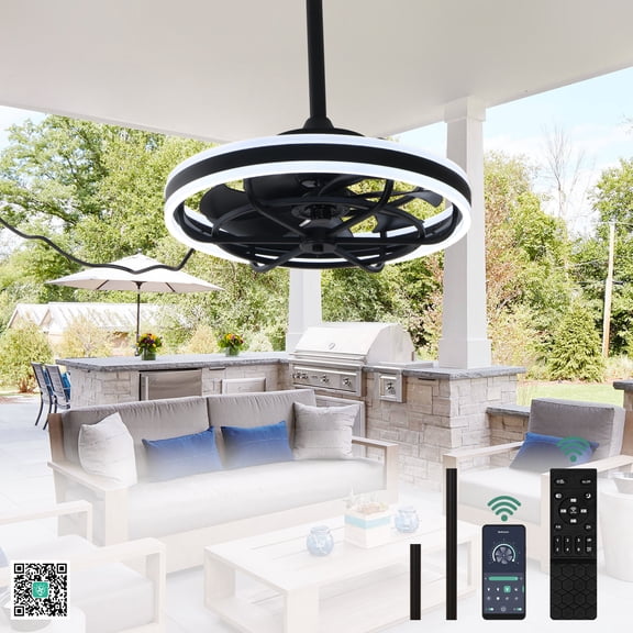 Cusp Barn 20" Outdoor Waterproof Caged Ceiling Fan with Dimmable LED and Remote & APP Control, 6 Speeds DC Motor Black Outdoor Plug In Ceiling Fan