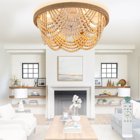 Cusp Barn 20 inch Bohemian Flush Mount Ceiling Fan with Lights and Remote Control, 6 Speeds Bladeless Ceiling Fan with Wood Beaded Shade