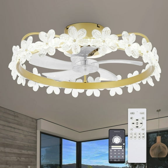Cusp Barn 22-In Low Profile Ceiling Fan with Lights and Smart APP Control, Modern Crystal Flush Mount Ceiling Fans for Kids Room Gold - 1-Pack
