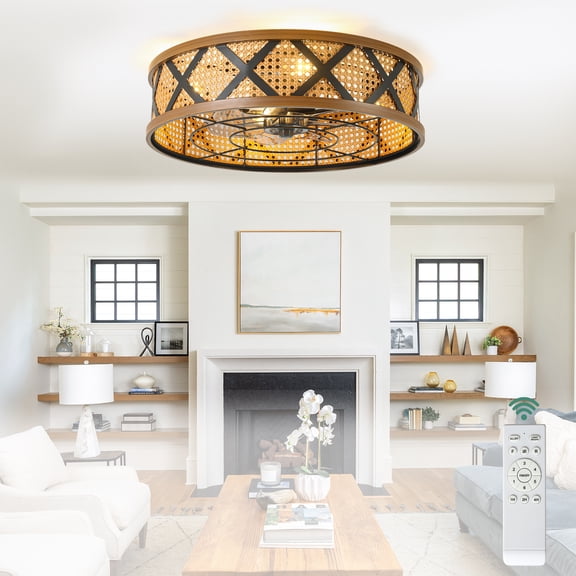 Cusp Barn 23 Inch Boho Rattan Flush Mount Ceiling Fan with Lights and Remote, 6 Speeds Bladeless Low Profile Ceiling Fan for Bedroom Living Room