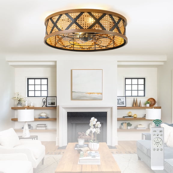 Cusp Barn 23 Inch Boho Rattan Bladeless Low Profile Ceiling Fan with Light, DC Reversible 6 Speeds Fan with Remote for Bedroom Living Room
