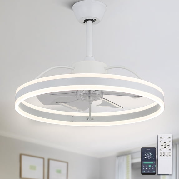 Cusp Barn 24" White Modern LED Chandelier Ceiling Fans with Light and APP Control, 6 Speed Bladeless