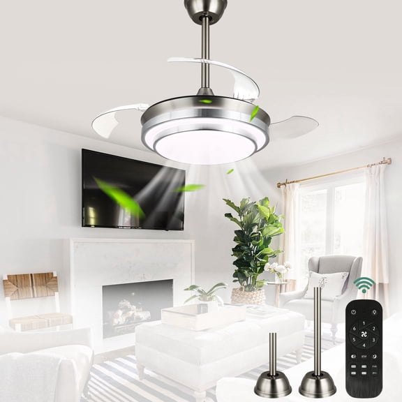 Cusp Barn 36" Chrome Modern Retractable Ceiling Fan with Dimmable LED Lights and Remote Control, 6 Speeds DC Motor Fandelier Ceiling Fan