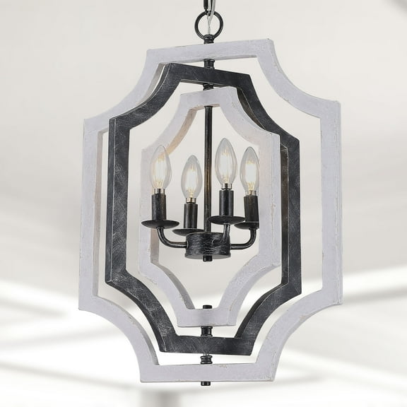 Cusp Barn 4-Light Farmhouse DIY Shape Pendant Light, Adjustable Height Chandelier, Wood Grain Ceiling Light for Dining Room Kitchen Bedroom Entryway