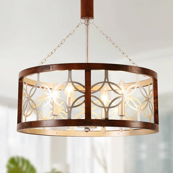 Cusp Barn 4-Light Rustic Wood Chandelier Shabby Hanging Lamp Farmhouse Drum Pendant Light Fixtures for Entryway Chrome