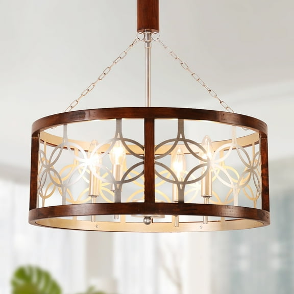Cusp Barn 4-Light Rustic Wood Chandelier Shabby Hanging Lamp Farmhouse Drum Pendant Light Fixtures for Entryway Chrome