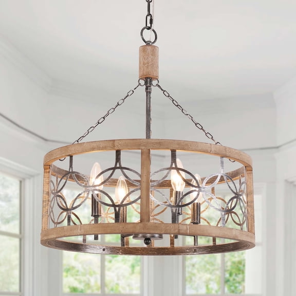 Cusp Barn 4-Light Rustic Wood Chandelier Shabby Hanging Lamp Farmhouse Drum Pendant Light Fixtures for Entryway Weathered Wood