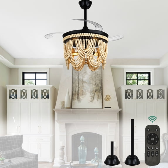 Cusp Barn 42 inch Black Boho Retractable Ceiling Fan with Light, 3-Blade Silent DC Motor Wooden Beads Fandelier Ceiling Fan