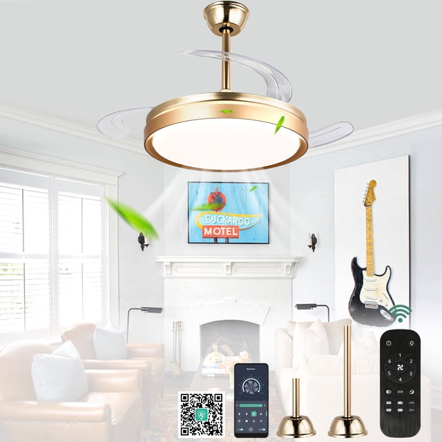 Cusp Barn 42 Inch Retractable Ceiling Fan with LED Light, Gold Modern ...
