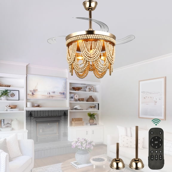 Cusp Barn 42 inch Gold Boho Retractable Ceiling Fan with Light, 3-Blade Silent DC Motor Wooden Beads Fandelier Ceiling Fan