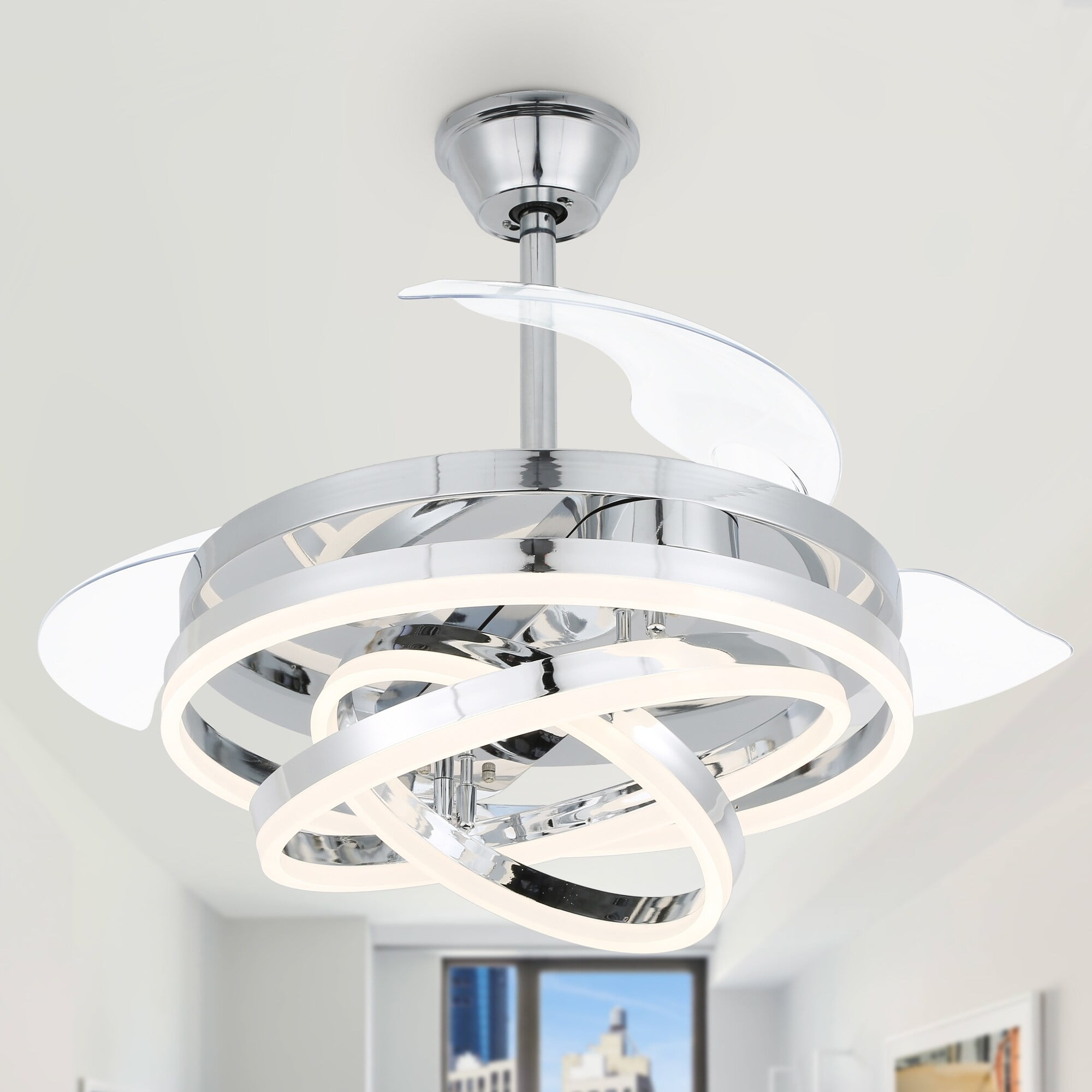 42-Inch Chrome Retractable Ceiling Fan with LED Light and Remote