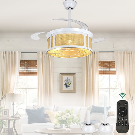 Cusp Barn 42 inch Boho White Rattan Retractable Ceiling Fan with Lights and Remote, 6 Speeds Bladeless Fandelier Ceiling Fan