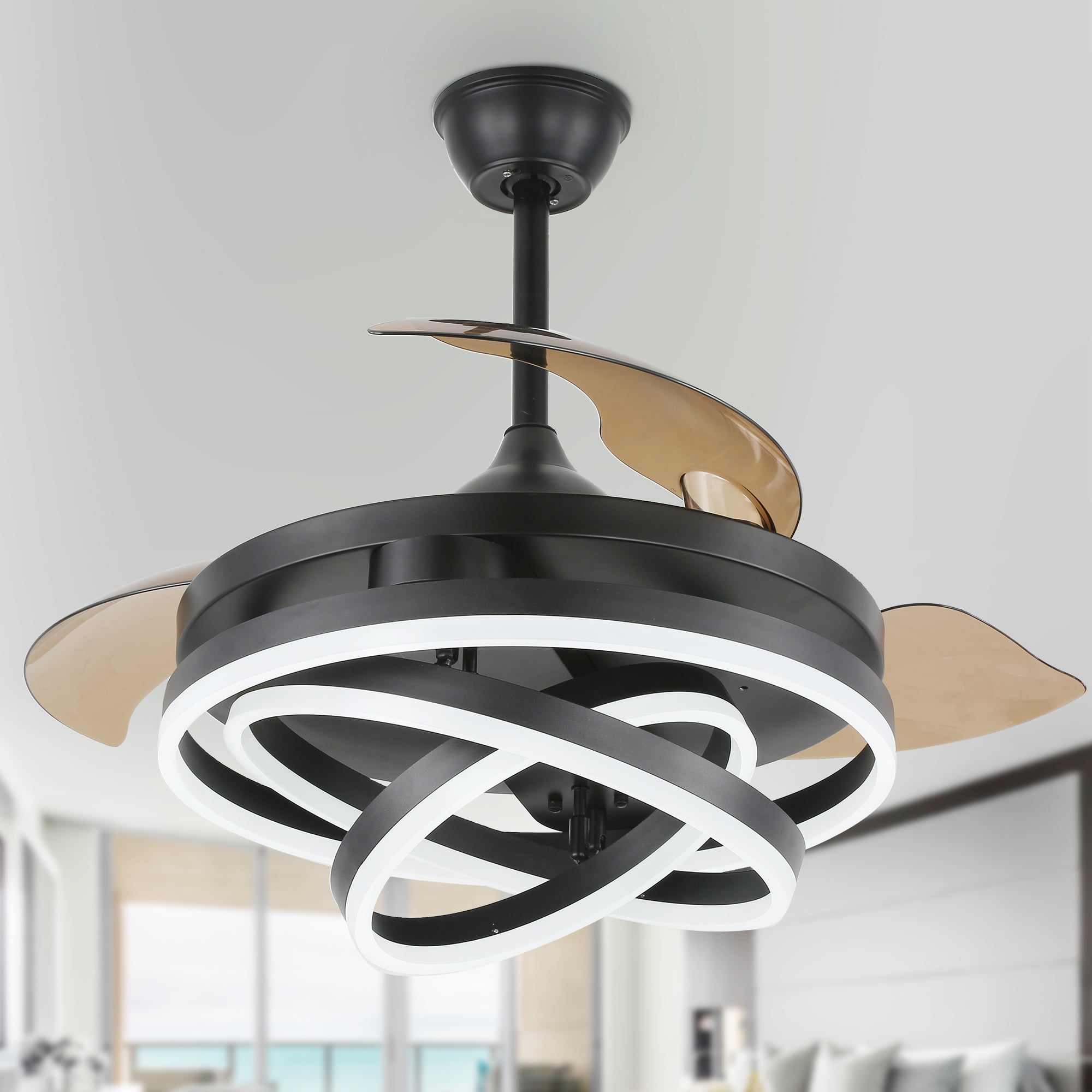 42-Inch Black Matte Retractable Ceiling Fan with LED Light and Remote