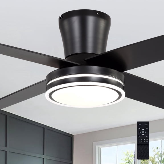 Cusp Barn 44" Modern Black Low Profile Ceiling Fan with Dimmable LED Light,Reversible 6 Speeds Flush Mount Ceiling Fan with Remote