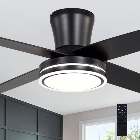 Cusp Barn 44" Flush Mount Ceiling Fan with Dimmable LED Light, All Seasons DC Motor 6 Speeds Indoor Ceiling Fan for Low Profile