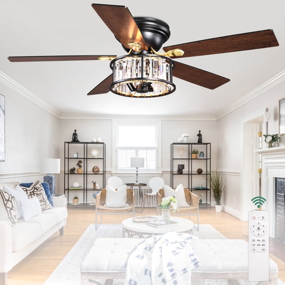 Cusp Barn 52" Flush Mount Crystal Ceiling Fan with Lights and Remote, 6 Speeds DC Motor Low Profile Ceiling Fan with Crystals