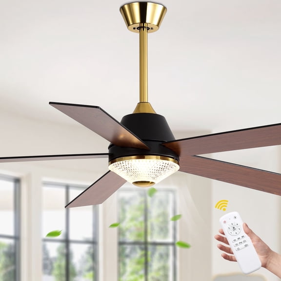 Cusp Barn 52" Modern Indoor Ceiling Fan with LED Lights and Remote Control, DC Motor 6 Speeds, Gold Finish, Reversible Blades