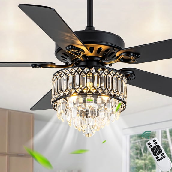Cusp Barn 52 inch Modern Black Crystal Ceiling Fan with Light and Remote Control, DC Motor 6-Speed Reversible Ceiling Fan