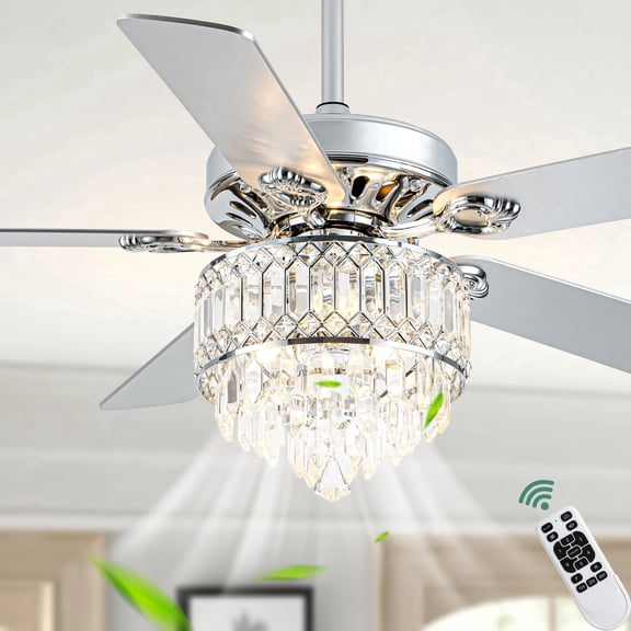 Cusp Barn 52" Chrome Luxury Crystal Ceiling Fan with Light, 6 Speeds DC Motor Reversible Chandelier Ceiling Fan for Living Room, Bedroom