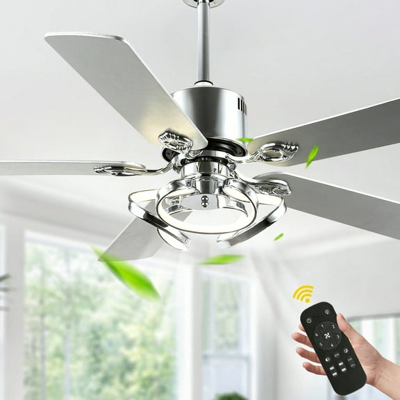 Cusp Barn 52 Inch Modern Ceiling Fan with Lights and Remote Control, Chrome Geometric Chandelier, 5 Dual Finish Reversible Blades Ceiling Fan for Bedroom