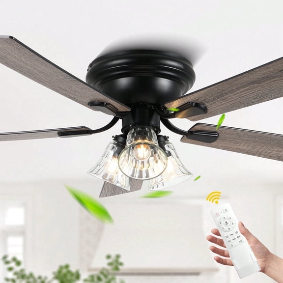 Cusp Barn 52 inch Black Vintage Farmhouse Flush Mount Ceiling Fan with Lights and Remote Control, 5 Blades 6-Speed Reversible Low Profile Ceiling Fan