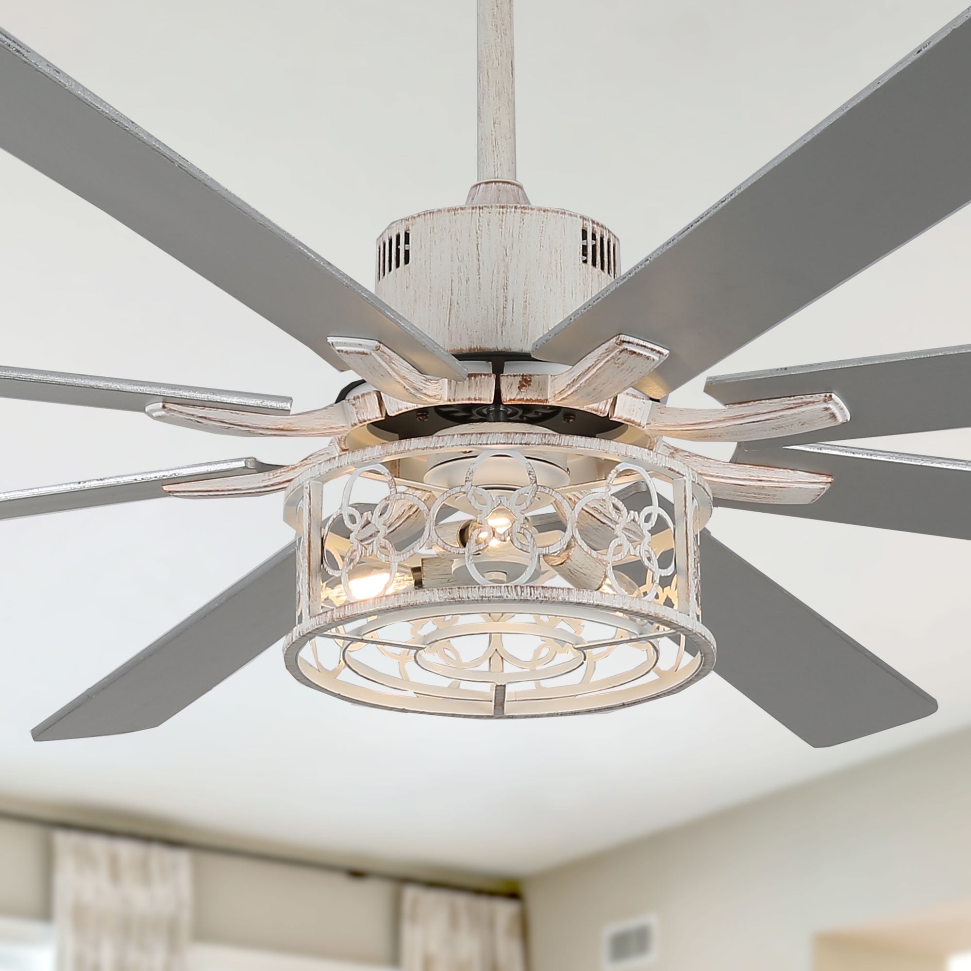 Cusp Barn 72 Inch Industrial Distressed White Finish Ceiling Fan with Remote and Lights, 8 Wooden Blades Indoor Ceiling Fan, DC Motor 6 Speeds Reversible, for Office and Large Indoor Room