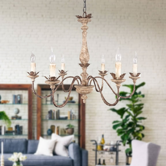 Cusp Barn Antique 6-Light Candle Style Empire Chandelier with Wood Accents Rustic Ceiling Light